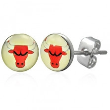 Okrogli uhani iz jekla 316 L - svetlo rumen krog z rdečo bikovo glavo, prozorna glazura, čepki