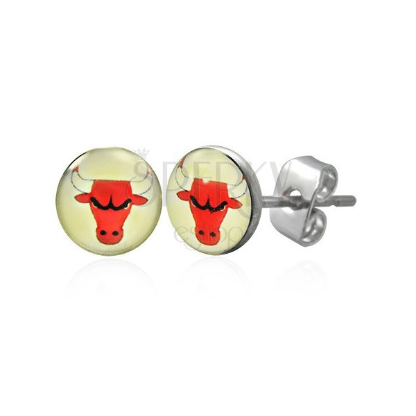 Okrogli uhani iz jekla 316 L - svetlo rumen krog z rdečo bikovo glavo, prozorna glazura, čepki