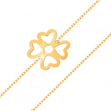 Zapestnica iz rumenega zlata 585 - simbol za srečo - štirilistna deteljica z izrezanimi deli, sijoča verižica