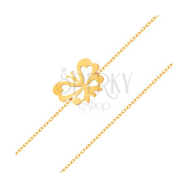 Zapestnica iz rumenega 14K zlata - tanka verižica, ploščat metulj z izrezanimi krili