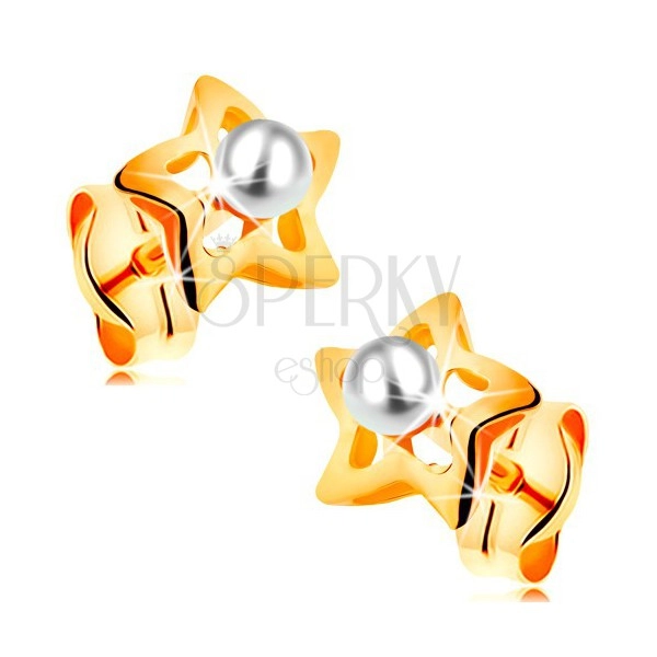 Uhani iz 14K zlata - bleščeča zvezda z belim biserom na sredini