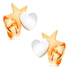 Dvobarvni uhani iz 14K zlata - zvezda, povezana s srcem, čepki