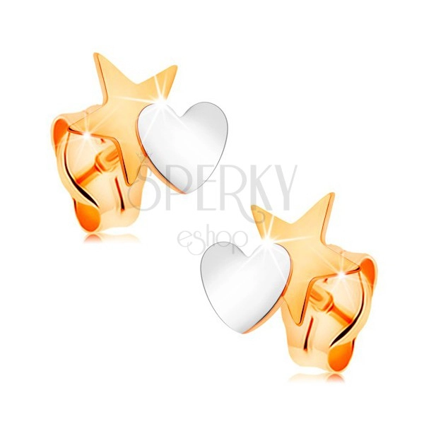 Dvobarvni uhani iz 14K zlata - zvezda, povezana s srcem, čepki