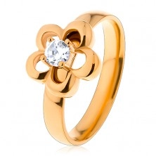 Jeklen prstan zlate barve, cvet, dvignjen okrogel cirkon prozorne barve