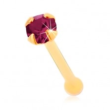 Piercing za nos iz rumenega 14K zlata, raven - okrogel vijoličen cirkon, 1,5 mm