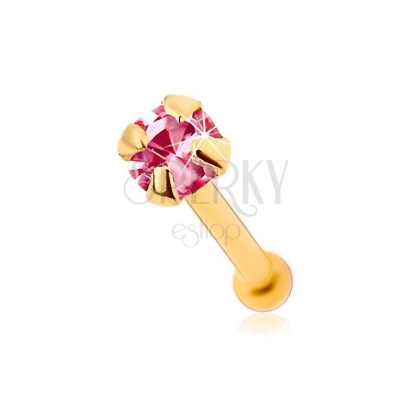 Piercing za nos iz zlata 375, raven - lesketav cirkon rožnate barve, 1,5 mm