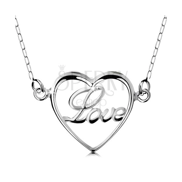 Ogrlica iz srebra 925, verižica in obesek – ozek obris srca, napis Love