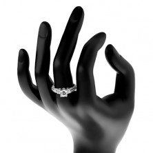 Zaročni prstan, srebro 925, svetleča kraka z ozkimi linijami, prozoren cirkon