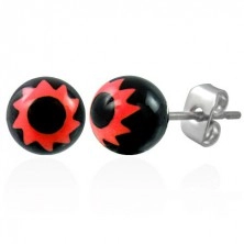 Črni jekleni uhani - rdeč cvetlični simbol