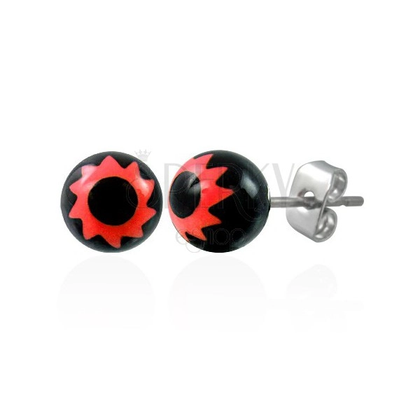 Črni jekleni uhani - rdeč cvetlični simbol