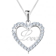 Ogrlica iz srebra 925, tanka verižica, bleščeč obris srca, napis Love