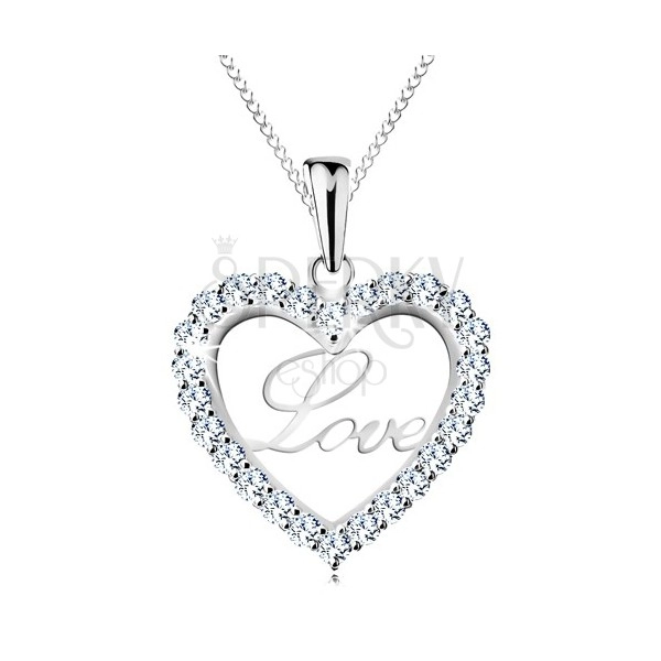 Ogrlica iz srebra 925, tanka verižica, bleščeč obris srca, napis Love