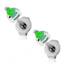 Jekleni uhani srebrne barve, umetni opal zelene barve v obliki srca, 3 mm