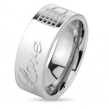 Sijoč jeklen prstan srebrne barve, napis Love in zaprta ključavnica, 8 mm