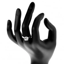 Zaročni prstan – srebro 925, sijoča zaobljena kraka, velik prozoren cirkon