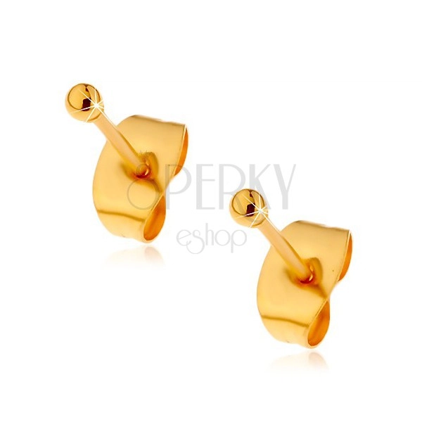 Jekleni uhani zlate barve s čepki, sijoči kroglici, 2 mm