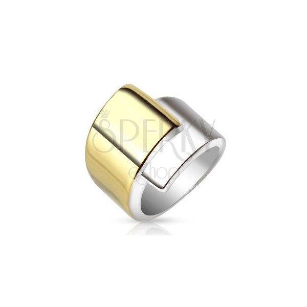 Jeklen prstan, široka prekrivajoča se kraka zlate in srebrne barve