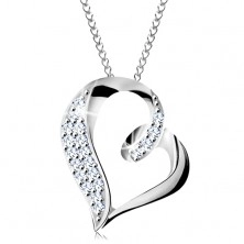 Ogrlica iz srebra 925, obris nesimetričnega srca s kaveljčkom in cirkoni