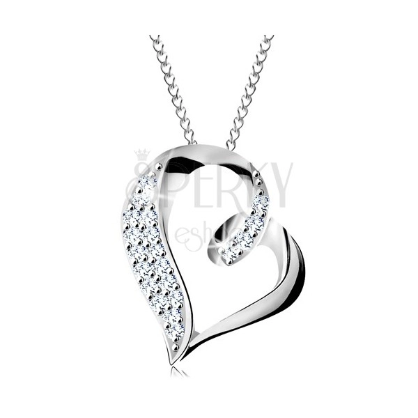Ogrlica iz srebra 925, obris nesimetričnega srca s kaveljčkom in cirkoni