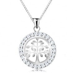 Ogrlica iz srebra 925, obesek – sijoče drevo življenja v lesketavem krogu