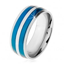 Dvobarven jeklen prstan, tanki pasovi modre in srebrne barve, zareze, 8 mm