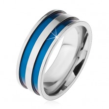 Jeklen prstan srebrne barve, tanki izrezljani pasovi modre barve, 8 mm