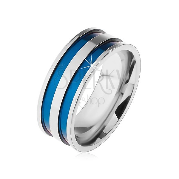 Jeklen prstan srebrne barve, tanki izrezljani pasovi modre barve, 8 mm