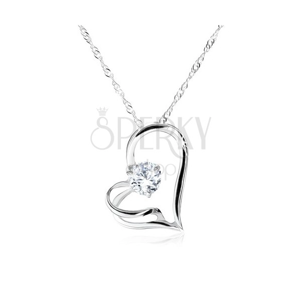 Ogrlica iz srebra 925, spiralna verižica, asimetrično srce, cirkon