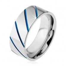 Prstan srebrne barve iz jekla 316 L, modre poševne črte, 8 mm