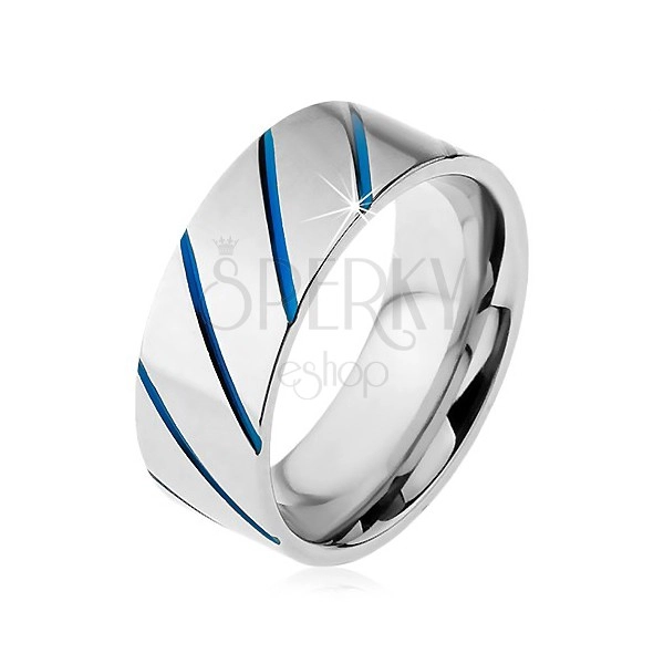 Prstan srebrne barve iz jekla 316 L, modre poševne črte, 8 mm