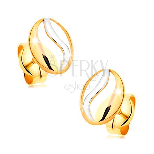 Dvobarvni uhani iz 14-k zlata – ovalen obris z valom iz belega zlata