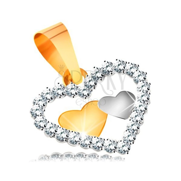 Obesek iz kombinacije 14-k zlata – dve majhni srci v obrisu srca iz cirkonov