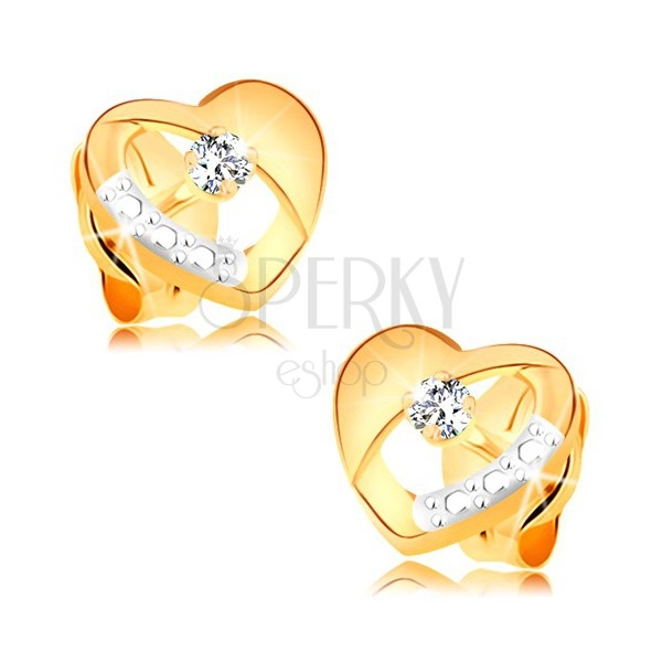 Uhani iz 14-k zlata – simetrično dvobarvno srce z diamantom in izrezom