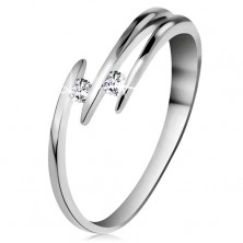 Briljantni prstan iz 14-k belega zlata – dva lesketava prozorna diamanta, ozke linije krakov