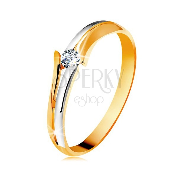 Diamantni 14-k zlati prstan, bleščeč prozoren briljant, razcepljena dvobarvna kraka
