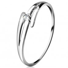 Briljantni prstan iz 14-k belega zlata – razcepljena valovita kraka, prozoren diamant