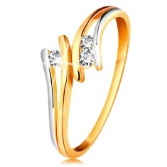 Diamantni prstan iz 14-k zlata, trije lesketavi prozorni briljanti, razcepljena dvobarvna kraka