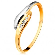 Diamantni prstan iz 14-k zlata – dvobarvni ukrivljeni listi, trije prozorni briljanti