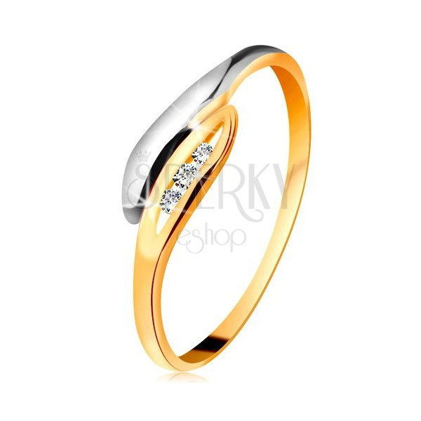 Diamantni prstan iz 14-k zlata – dvobarvni ukrivljeni listi, trije prozorni briljanti