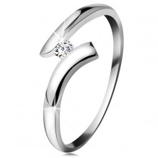 Diamantni prstan iz 14-k belega zlata – bleščeč prozoren briljant, sijoča ukrivljena kraka