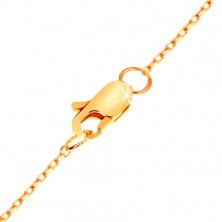 Ogrlica iz 14-k zlata – ploščat simbol neskončnosti s prozornim briljantom, sijoča verižica