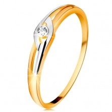 Diamantni prstan iz 14-k zlata, dvobarvna kraka z izrezi, prozoren briljant