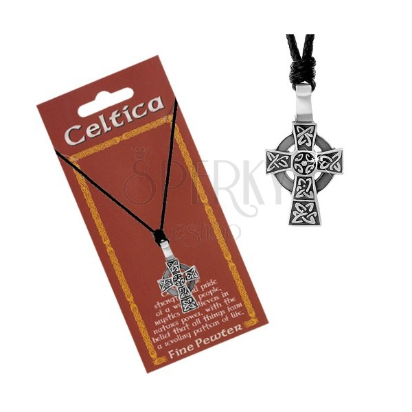 Ogrlica s črno vrvico in patiniranim obeskom, keltski križ