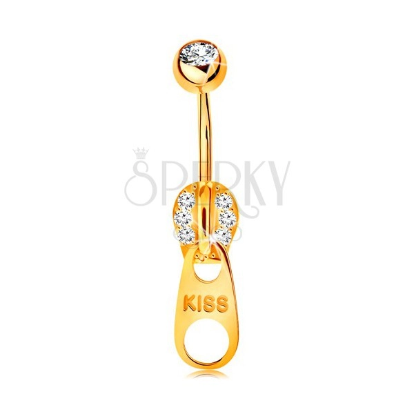 Piercing za popek iz 9-k rumenega zlata – zadrga, okrašena s cirkoni in napisom KISS