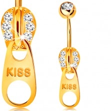 Piercing za popek iz 9-k rumenega zlata – zadrga, okrašena s cirkoni in napisom KISS