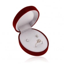 Ovalna temno rdeča žametna škatlica za komplet, uhane ali dva prstana