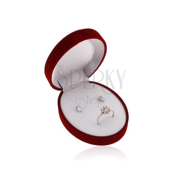 Ovalna temno rdeča žametna škatlica za komplet, uhane ali dva prstana