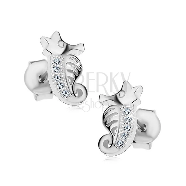 Vtični uhani – srebro 925, morski konjiček s cirkoni in izrezi