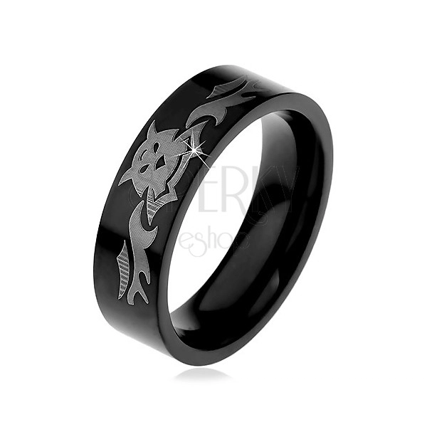 Jeklen prstan, sijoča črna površina z motivom netopirjev, 6 mm