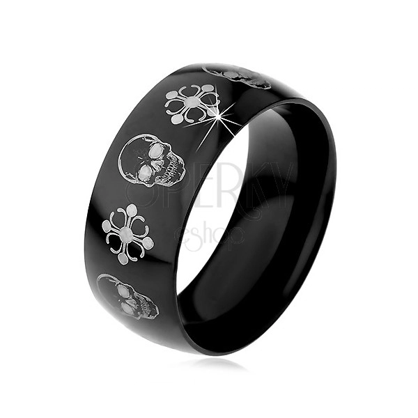 Črn jeklen prstan, srebrne lobanje in križi, 9 mm
